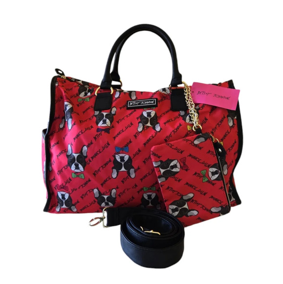 Betsey Johnson French Bulldog Weekender Duffel Travel Zip Carry-on Nylon Bag - Picture 2 of 15